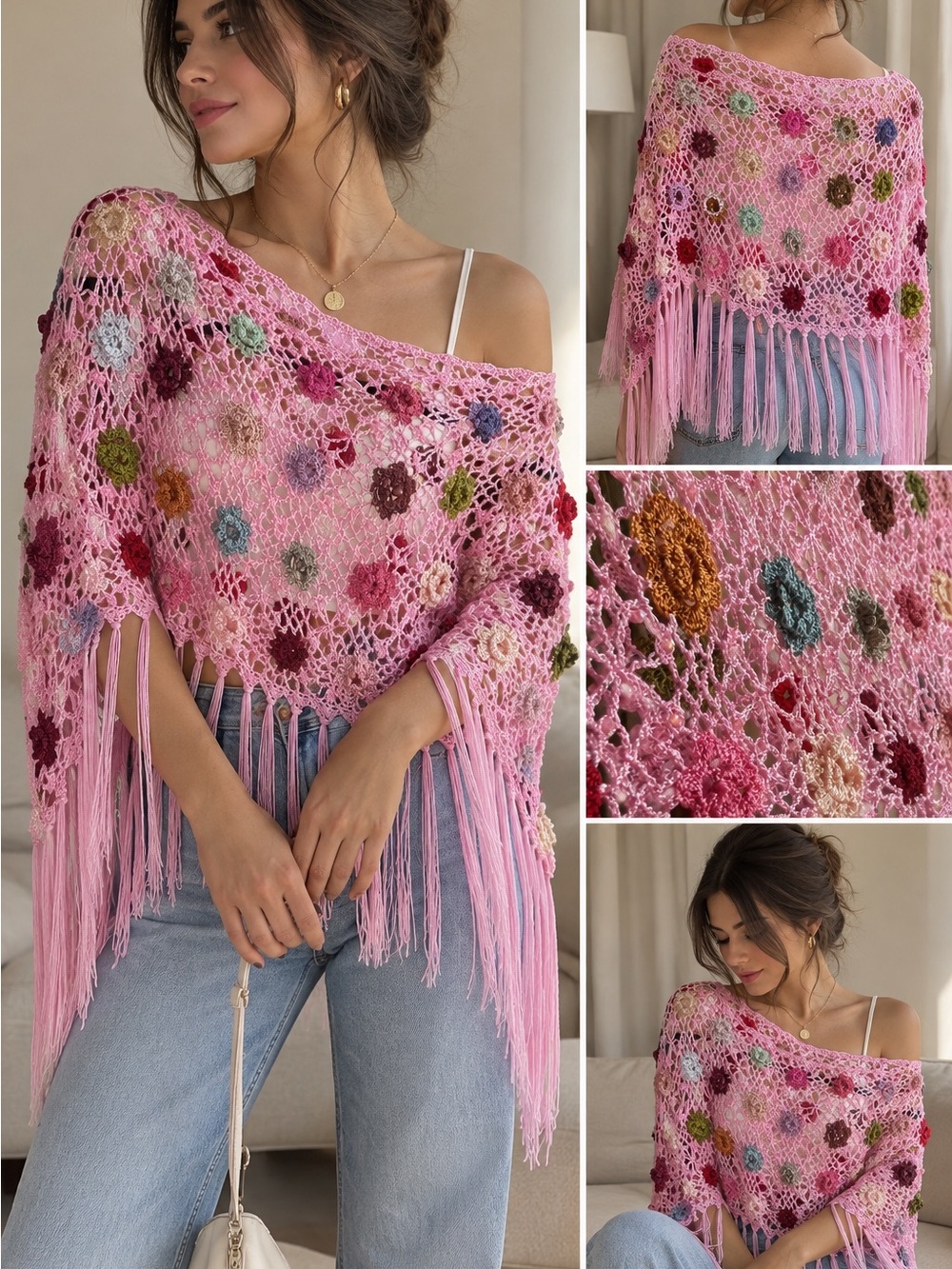 Pink Crochet Floral Fringe Shawl Wrap by